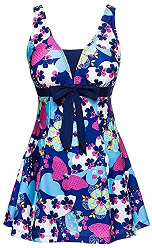 Ecupper Maillot de Bain Une Pieces pour Femme Rétro Jupe avec Volantée Contrôle du Ventre Push Up Col en V Bleu foncé XL