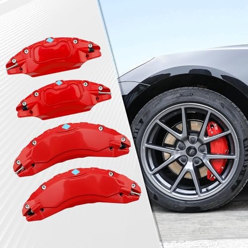 Nakonic Caliper Covers Set of 4 Compatible with Model 3 Accessories 2017-2024,18 Inch 19 Inch Wheel Hub Size Red Front and Rear Caliper Covers Without Stickers(ONLY FIT 2024 Long Range Model 3)