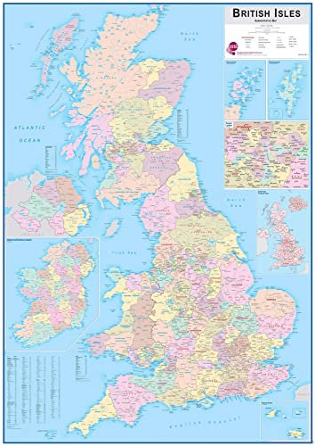 Large British Isles Administrative Map - UK Postcodes - Front Sheet Laminated - 84.1 x 118.9 cm