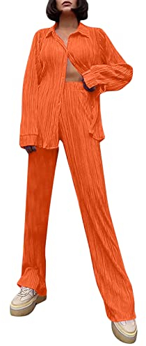 QIUhhpuy Damen Plissee Set, Zweiteiler Elegant Hosenanzug - Langarm Revers Bluse + Weites Bein Hose - Sommer Herbst Outfit Casual Loungewear Streetwear