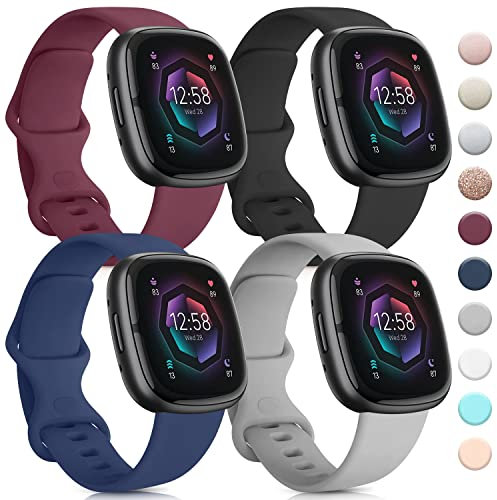 Armbänder kompatibel mit Fitbit Sense 2 / Sense Bändern / Fitbit Versa 4 / Versa 3, weiches Silikonarmband für Fitbit Sense 2/Sense/Versa 4/3 Smartwatch (klein, marineblau/weinrot/schwarz/grau), 4