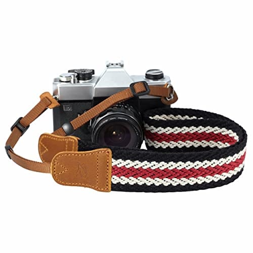 Padwa Lifestyle Sangle Appareil Photo - Tête en cuir classique du Crazy Horse Art,Sangle D'appareil Photo en Coton Brodé de 1.5,Bandoulière Photographe Réglable Pour Tous Les Appareils Photo DSLR