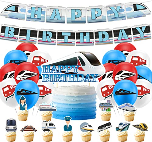 Tren de alta velocidad decoraciones para fiestas de cumpleaños incluye tren de alta velocidad pancarta de feliz cumpleaños, decoración para tartas, cupcakes, globos