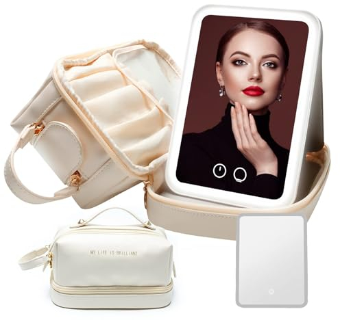 Atopskins Reise Kosmetiktasche mit Spiegel Tragbar Kosmetiktasche mit Fächern&beleuchtetem Spiegel 3 Einstellbare Helligkeit Frauen Makeup Pinsel Tasche mit Tragegriff Weiß