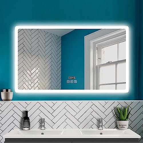 HAPAOSO Miroir de Salle de Bain Miroir Mural LED, 120 * 70cm, Bluetooth, Horloge, Interrupteur Tactile, Anti-buée, 3 en 1 Froid/Chaud/Neutre, étanche IP44