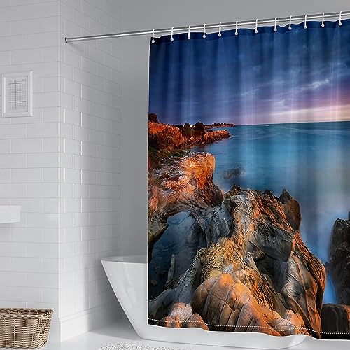 Duschvorhang Stoff Waschbar, 90x180cm Badezimmer-Duschvorhang mit Metallösen aus Polyester Felsenküstenlandschaft, Braun Dunkelblau