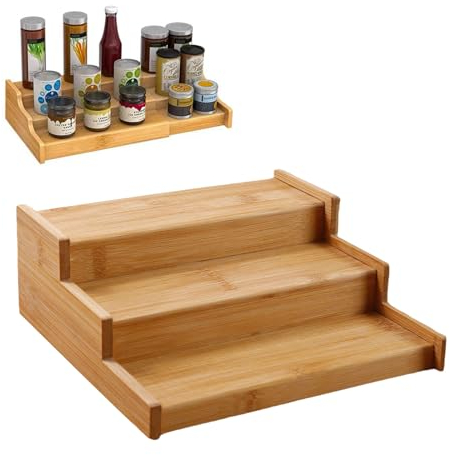 Wisebom Étagère à Épices à 3 Niveaux en Bambou Extensible Étagère de Rangement pour Comptoir Porte-Épices à 3 Niveaux Organisateur de Cuisine, Couleur Naturelle