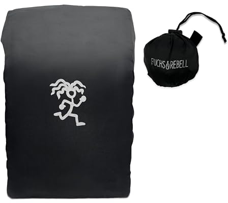 FUCHS & REBELL® Reflektierender + Wasserdichter Regenschutz für Rucksäcke, Schulranzen, Backpack, Schulrucksack - faltbar mit integriertem Aufbewahrungsbeutel (Schwarz - Logo reflektierend)