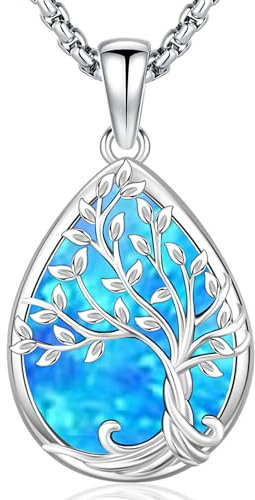 Collana Albero della Vita, Ciondolo Albero della Vita Opale blu in Argento Sterling 925 e Collier Hypoallergénique, Gioielli Donna Regali per Sorelle Mamma Figlia