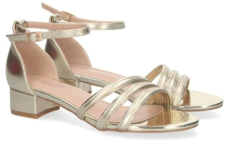shoes&blues.es 81454-Sandalia de Tacon para Mujer, Comoda, con Pala Fina, y Cierre Ankle Strap de Hebilla. Talla 38 Oro
