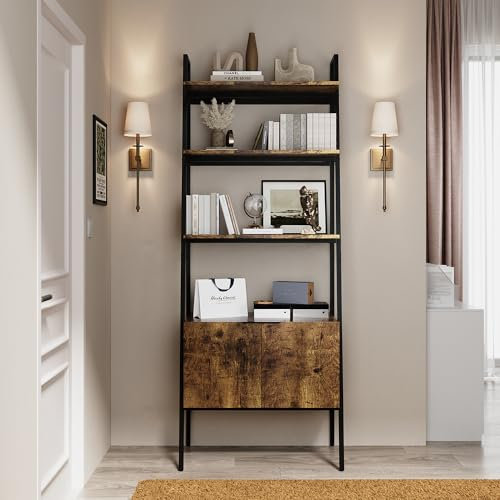 Warmiehomy Bookshelf with Cupboard Industrial 4 Tiers Ladder Shelf with Metal Frame, 71L x 44W x 182Hcm Ladder Shelving Unit Book Shelves Free Standing for Living Room Bedroom Office, Rustic Brown