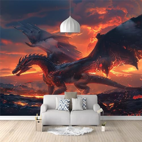 Vlies Tapeten Wandtapete Cartoon Fantasie Drache Magma Muster 3D Wandbild Wohnzimmer Wanddekoration Fototapete 3D Tapete Effekt 200x140 Cm