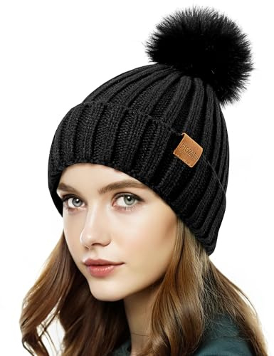 PIOZAED Bonnet d'hiver Chaud doublé en Polaire avec Pompon en Fausse Fourrure pour Femme