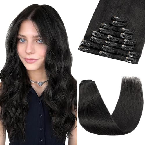 SEGOHAIR 8 PCS Clip in Extensions Echthaar, 22 Zoll Dünne Vollkopf Echthaar Extensions – Gerade Echthaar Extensions Clip– Schwarzschwarz (80g) für perfekt Haarextension Clips Echthaar