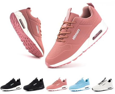 Hitmars Chaussures de Running Femme Chaussures de Sport Chaussure de Course Basse Légères Respirant Lacets Antidérapant PU Coussin d'air Rose EU39
