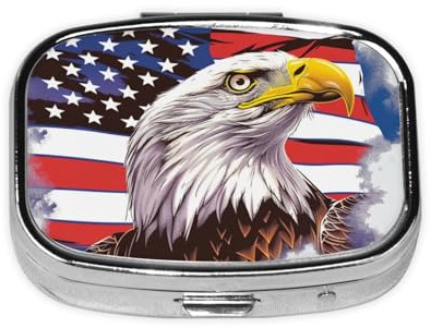 Adler mit USA-Flagge bedruckter quadratischer Pillen-Organizer mit 2 Fächern, tragbare Mini-Pillendose, Pillendose für Medizin, Vitamin, Fischöl, Nahrungsergänzungsmittel