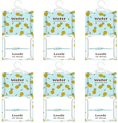 NICOLEKAY 6 Pack Moisture Absorber Hanging Bags, Fragrance Free Humidity Packs, Hanging Closet Dehumidifier Bags (Pineapple)