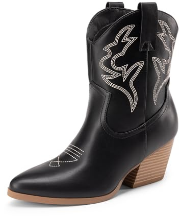 DREAM PAIRS Stivali da Cowboy da Donna Stivali Western Corti Ricamati con Punta e Tacchi a Zeppa,Size 40.5,Nero,DWUMAB2504