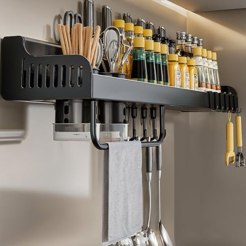 acfeco Gewürzregal Wand Edelstahl, Küchenregal Ohne Bohren, Gewürzregal Hängend mit Küchenrollenhalter, 10 Haken und 2 Besteckkorb, Selbstklebend Küche Platzsparende Schwarz
