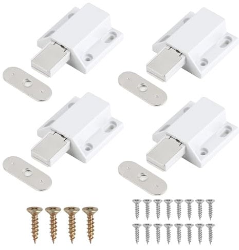 4 Pack Magnetic Push Door Latches Cupboards Push to Open Door Catches Strong Magnetic Touch Latch Hidden Release Press Out Closure Popping Open Lock for Kitchen Drawer Cabinet, White