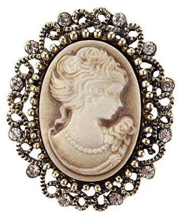Brosche Schmuck Kamee Beige Stil Vintage Stahl Bronze, 4 cm, Acryl