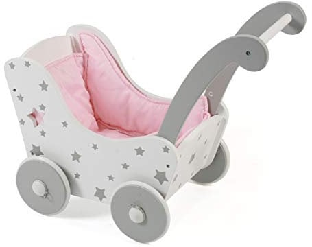 Bayer Chic 2000 - Puppenwagen aus Holz, Holzpuppenwagen für Puppen bis zu Einer Größe von 54 cm, Stars grau
