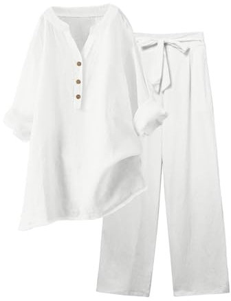 Tuta Lino Donna Estiva Elegante Coordinato Larghi Camicia + Pantaloni Leggera Cotone E Lino Estivo Tute Da Ginnastica Primavera Curvy Set Due Pezzi Maniche 3/4 Jogging Traspirante Set Spiaggia