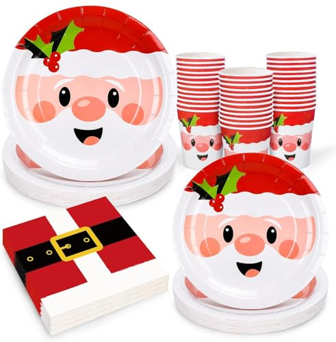 KAHEIGN Weihnachten Partygeschirr Set für 25 Gäste, Weihnachts Pappteller Servietten Pappbecher Wiederverwendbar Weihnachten Geschirr Deko Set für 25 Personen für Weihnachtsparty Deko