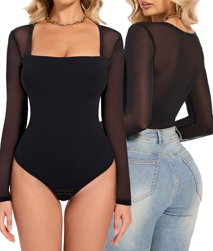 SHAPERIN Women's Bodysuits Shapewear Sheer Mesh Bodysuit Top Long Sleeve Going Out Body Suit Square Neck Tummy Control Body Shaper