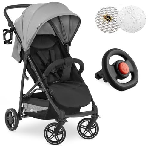 hauck Buggy Rapid 4R Plus mit Lenkrad und Zubehörpaket, bis 22 kg | Kinderwagenbuggy mit Liegefunktion, höhenverstellbarem Schieber, klein zusammenklappbar - Grey