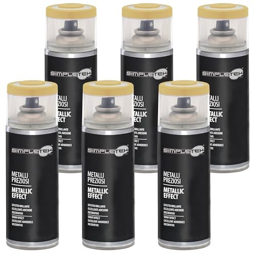 SIMPLETEK - 6x Bombolette Spray V400MET.2 Oro Ricco Pallido Vernice Effetto Metallizzato 400 ml Smalto Lucido Specchio Metalli Preziosi Ferro (Kit da 6 pezzi)