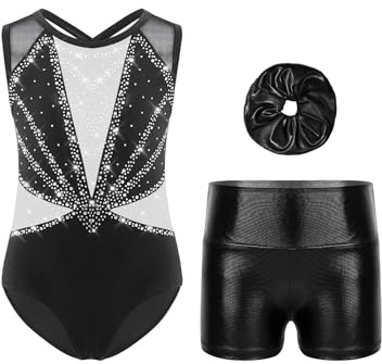 Yihuimin Collants Danse + Boucles De Cheveux + Shorts Fille Ensemble 3 Pièces Strass Brillant Sans Manches Justaucorps Gymnastique Creux Du Dos