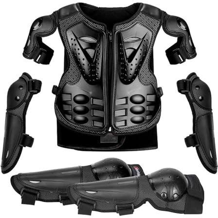 Traje de moto para niños, chaleco de motocross con rodilleras y coderas, chaqueta de protección para la columna vertebral y el pecho para niños de 4 a 14 años, ideal para patinaje,Black-One Size