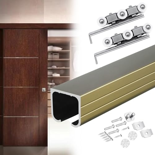 EXCLURA Schiebetür Schiene Komplettes Schiebetürschienensystem, An der Decke Montierte Schiebetürschienen für Scheunen, Schiebetür-Beschlagsatz für Garagenraumteiler(Champagne,8ft/2.40m)