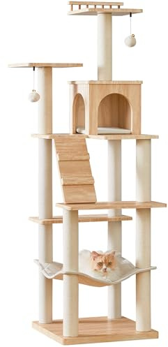Quuzee Kratzbaum, 163 cm hoch, moderner Katzenbaum in Hellholzoptik, mehrstöckiges Katzenhaus mit Höhle, 7 Kratzsäulen, 2 Liegemulden, Hängematte und 2 Plüschbällen