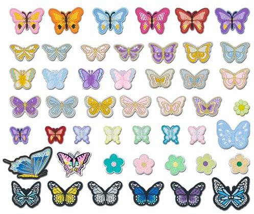 50 Pcs Iron on Patches, Butterfly and Flower Assorted Applique Patches, Multicolor Decorative Embroidered Patch, Cute Embroidered Iron on for Clothes, Hat, Backpack, Jeans, DIY Accessories