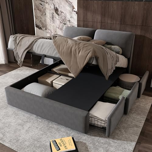 Gxffipw Doppelbett Polsterbett 140x200 cm mit Weiches Kopfteil und 3 Schubladen, Hydraulische Bett mit Stauraum, Stauraumbett Bettgestell mit Metallrahmen und Lattenrost, Samt, Grau, Ohne Matratze