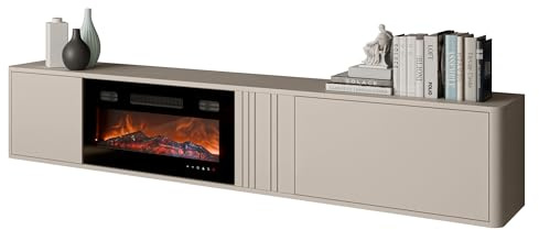 Mirjan24 TV-Schrank Poksin 190 mit elektrischem Kamin, TV-Lowboard mit griffloser Front, realistische LED-Flamme, modernes Wohnzimmermöbel (Cashmere)