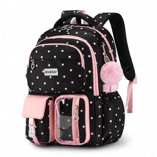 Amythe Schulranzen Mädchen 1. bis 6. Klasse Leicht, Schwarz und Pink | Reflektierend Wasserdicht Ergonomisch Atmungsaktiv Schwarz und Pink Daypack Multitasche Geräumig Robust für Schule Reisen