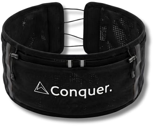Conquer Laufgürtel Damen & Herren – Running Belt mit Handy-Fach | Für Soft Flask bis 500ml, Handy-Fach, ohne Schnalle – atmungsaktiv, mit Reflektoren für Training & Wettkampf