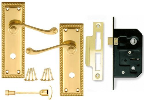 Euro Hardware Quality Georgian Bathroom Lever Door Handles & 2 1/2 2.5 64mm Bathroom Lock - Solid Polished Brass - (11-1005)