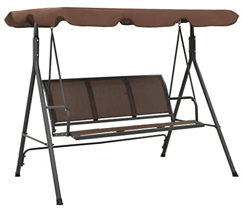 vidaXL Garden Swing Bench with Canopy in Coffee Color - Outdoor Powder-Coated Steel Frame 3-Seater Swing - Weather and Waterproof Textilene Seat and Backrest