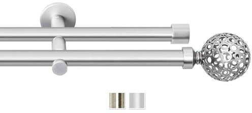 Rollmayer elegant und modern Chrom Matt Vorhangstange/Gardinenstange aus metall Ø 19mm (440cm Goplana, im Silber, 2-läufig) verschiedene Größen und Endstücken Ohne Ringe!