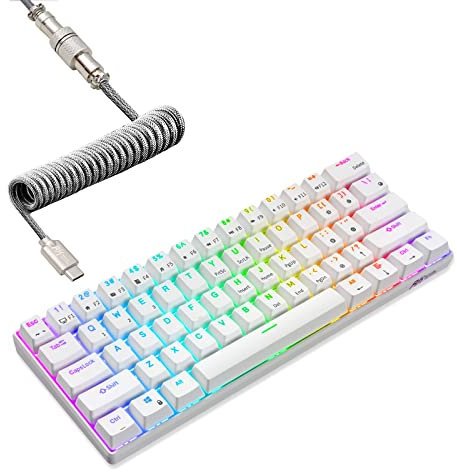 RK ROYAL KLUDGE RK61 60% Mechanical Keyboard with Coiled Cable, 2.4Ghz/Bluetooth/Wired, Wireless Bluetooth Mini Keyboard 61 Keys, RGB Hot Swappable Red Switch Gaming Keyboard with Software - White