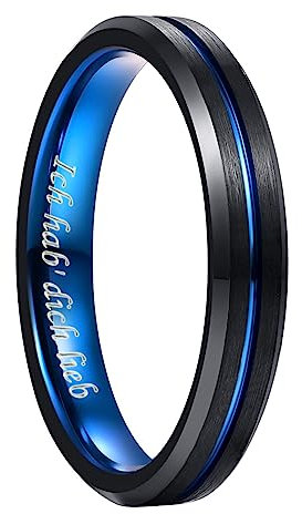 NUNCAD Ringe Herren Damen Schwarz Blau aus Wolfram Breite 4mm Unisex Partner Ring Mode Schmuck Ring für Hochzeit Größe 56