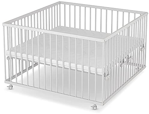 Sämann® Laufgitter 120x120 cm mit Matratze und Schlupfsprossen, stufenlos höhenverstellbar, Baby Laufstall, Buche, gummierte Rollen, weiß lackiert