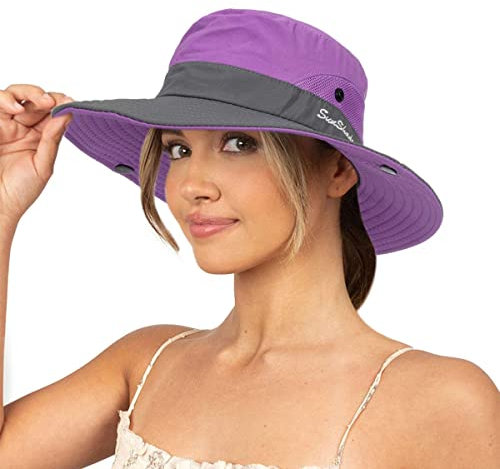 Cappello da sole da donna estivo protezione UV cappello da spiaggia a tesa larga in rete cappello da pesca con foro per coda di cavallo cappello pieghevole, Viola, M