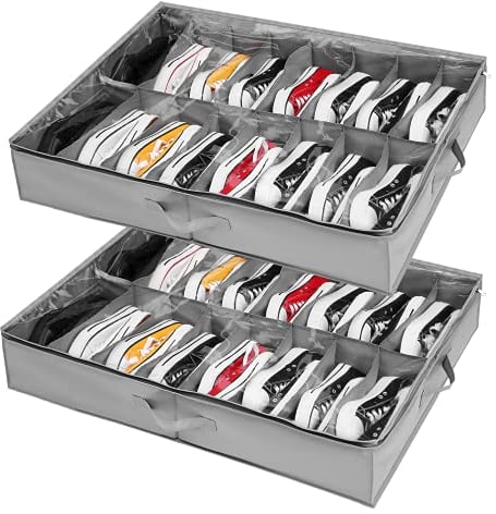 Unterbett-Kommode für Schuhe Aufbewahrung 2 Stück, Schuh Aufbewahrungssysteme mit 32 Fächern, Unterbett Schuh Organisierer Aufbewahrungsbox Schublade, Faltbare Schuhaufbewahrung Stasche mit Deckel