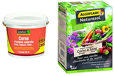 Solabiol SOCOR4 d'origine Naturelle 4 Kg Prix Choc | 100% Corne broyée, Puissant & ALGOFLASH NATURASOL Engrais Contenant de la Corne torréfiée et Sang Séché, Jusqu'à 100m², ACORNBIO3, Vert, 3 kg