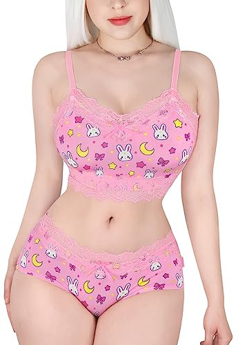 LittleForBig Femmes Dentelle Pyjama Vêtements de Nuit à Bretelles Cami Top Shorts Lingerie Bralette Ensemble Loungewear - Rose (Sweet Usagi Pink), Taille S